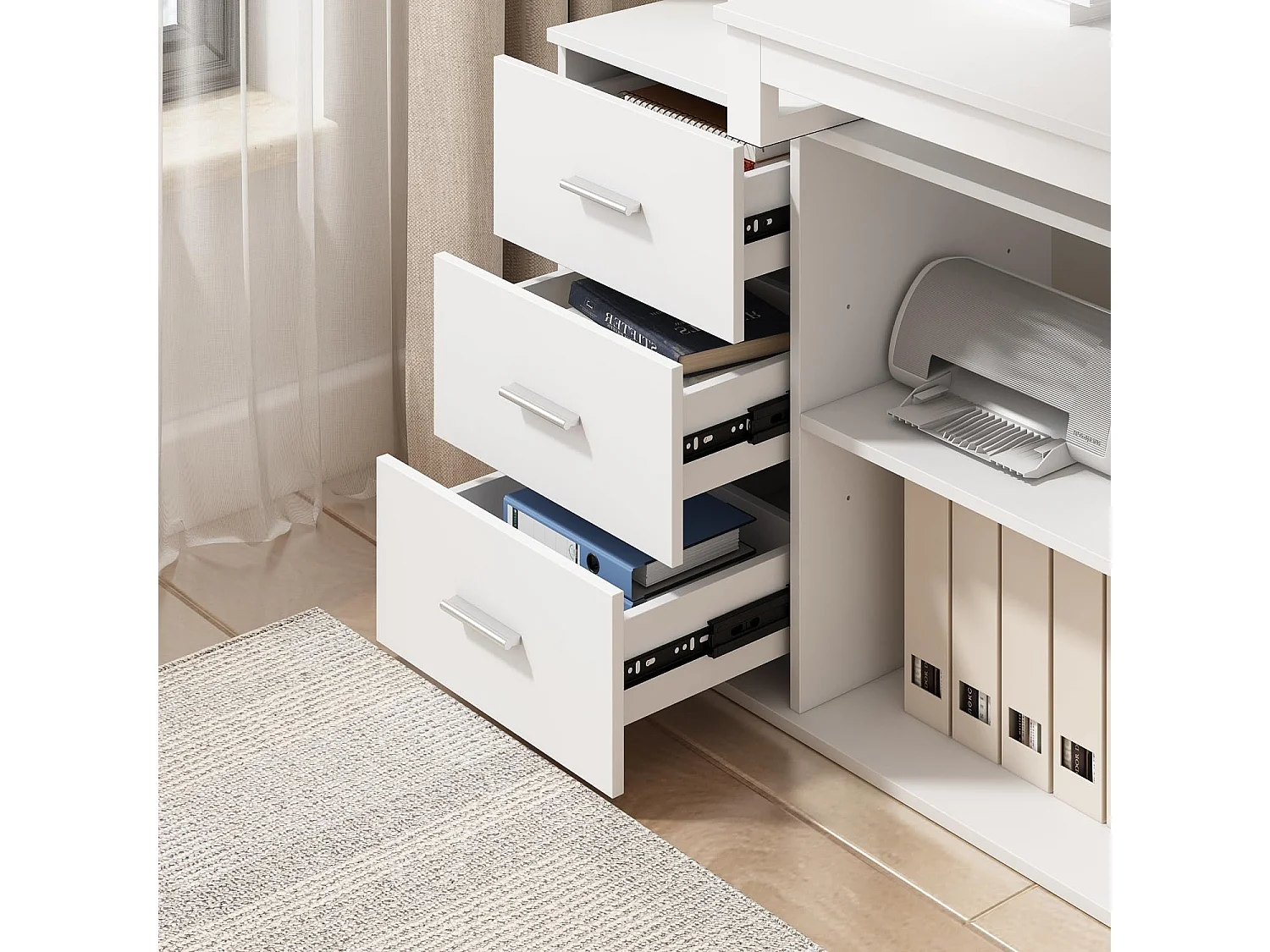 Bureau d'angle en Forme de L Bureau informatique 2 étagères pieds en acier Blanc 140x60x75cm