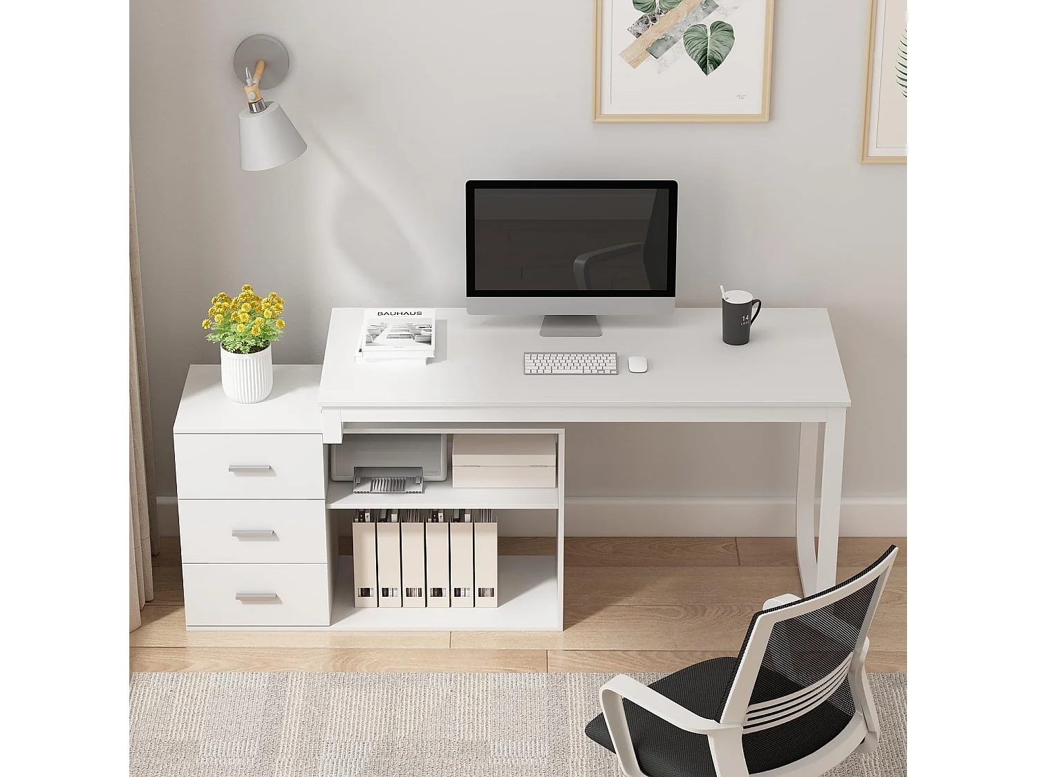 Bureau d'angle avec Rangement Bureau informatique 2 étagères pieds en acier Blanc 130x57x75cm