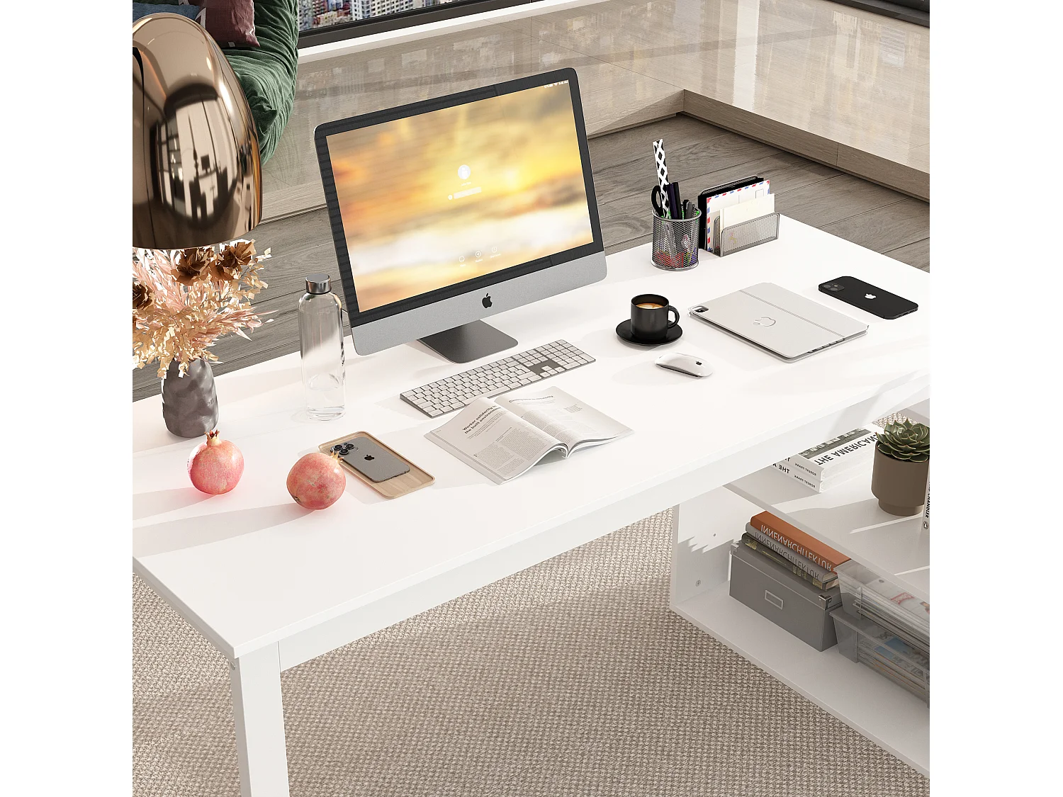 Bureau d'angle avec Rangement Bureau informatique 2 étagères pieds en acier Blanc 130x57x75cm