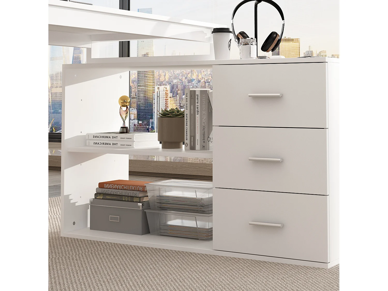 Bureau d'angle avec Rangement Bureau informatique 2 étagères pieds en acier Blanc 130x57x75cm