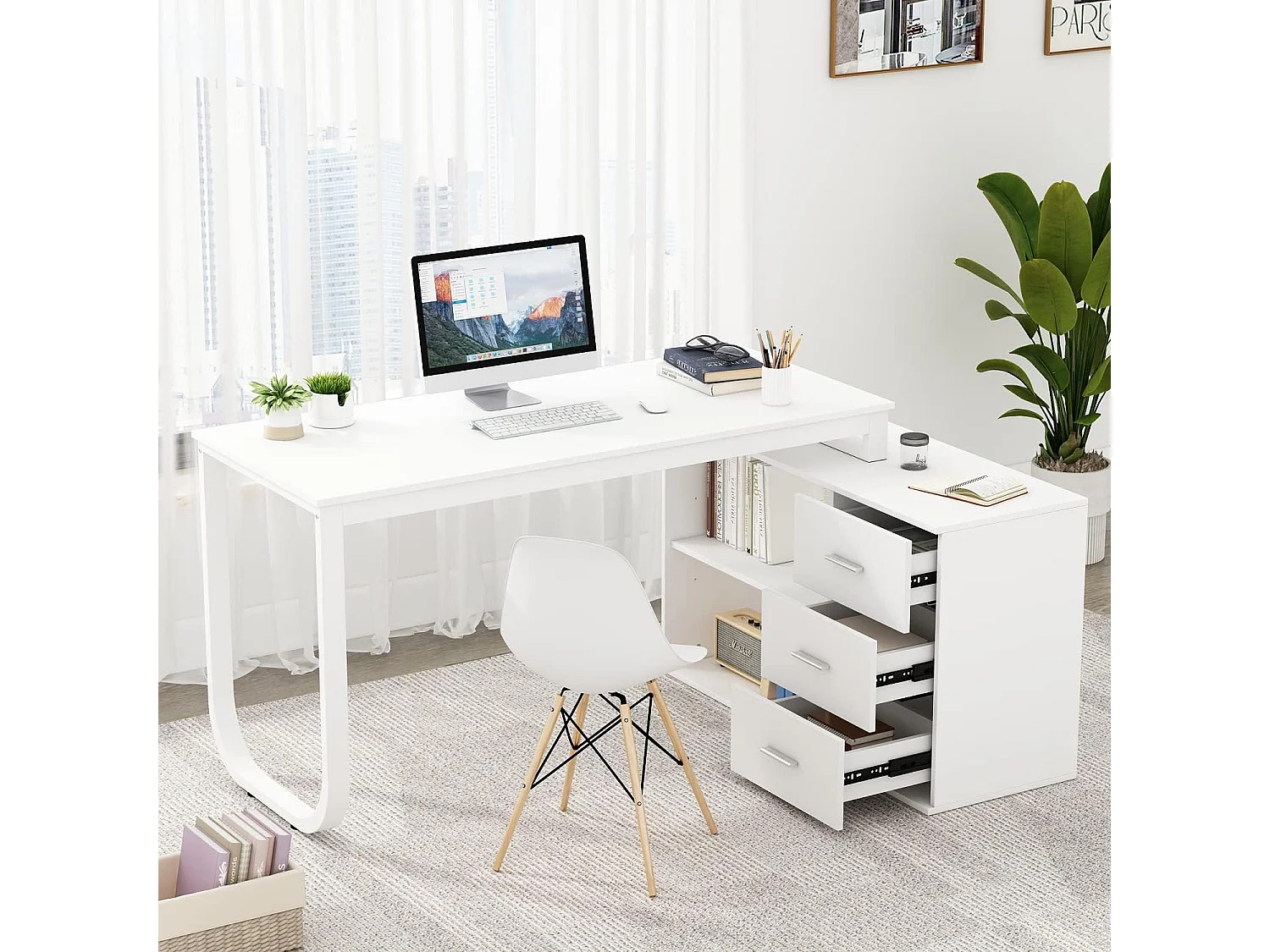 Bureau d'angle avec Rangement Bureau informatique 2 étagères pieds en acier Blanc 130x57x75cm