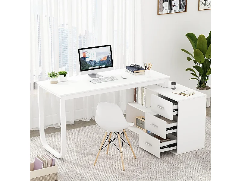 Bureau d'angle avec Rangement Bureau informatique 2 étagères pieds en acier Blanc 140x60x75cm