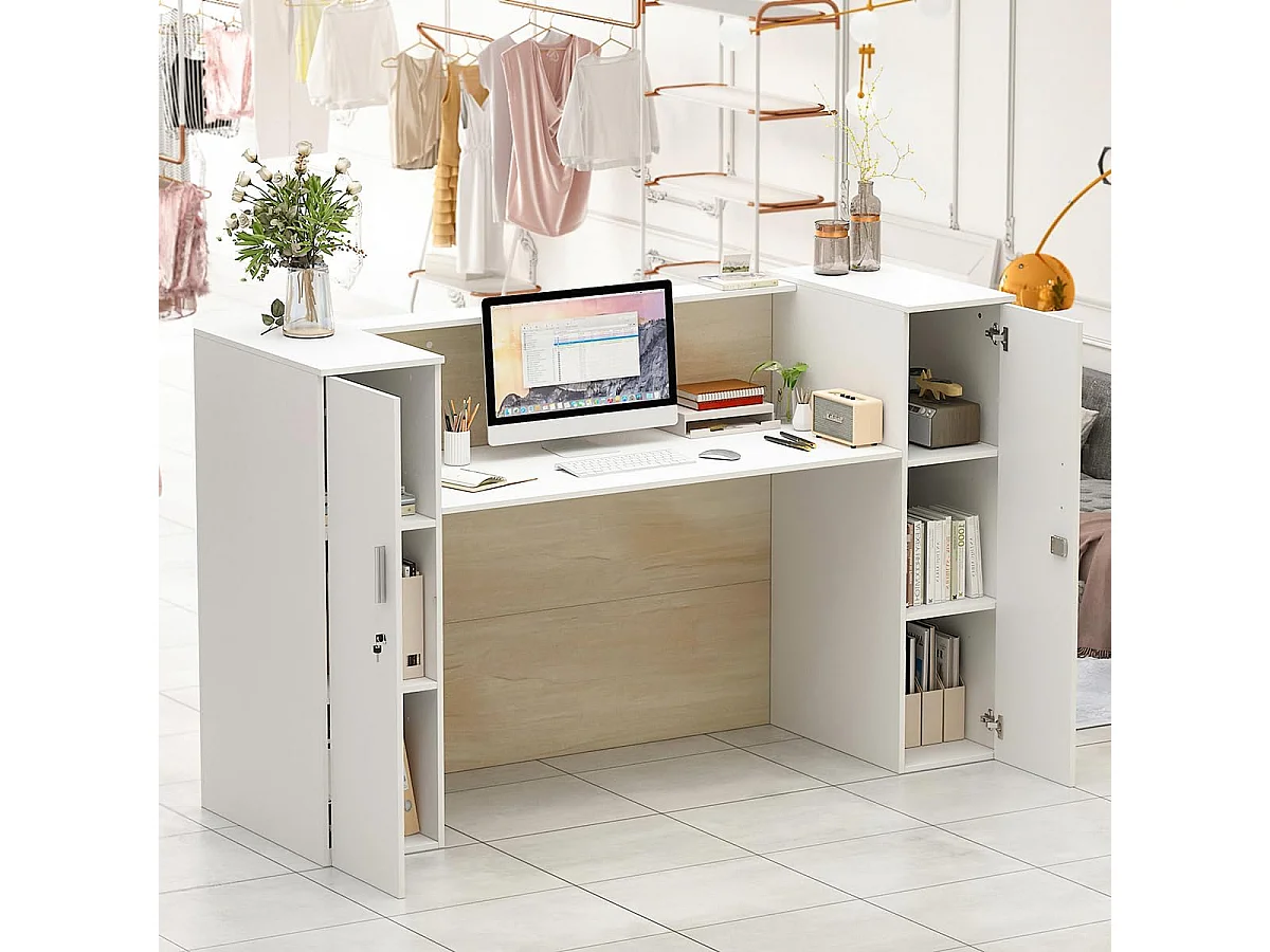 Comptoir de réception avec compartiments ouverts Tiroir verrouillable étagères Salon Bureau  Bois&Blanc 180x60x110cm