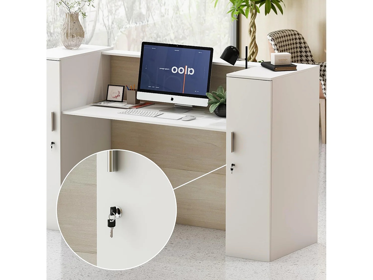 Comptoir de réception avec compartiments ouverts Tiroir verrouillable étagères Salon Bureau  Bois&Blanc 180x60x110cm