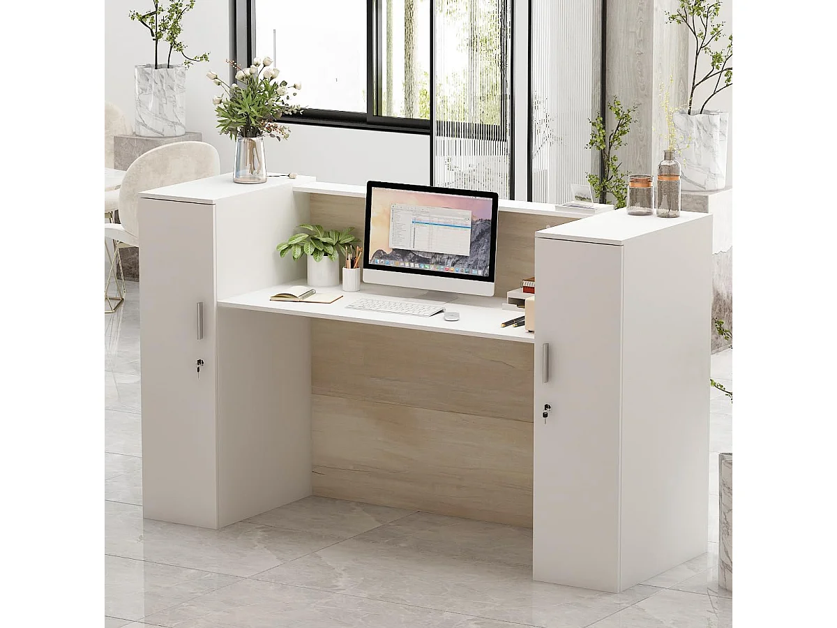 Comptoir de réception avec compartiments ouverts Tiroir verrouillable étagères Salon Bureau  Bois&Blanc 180x60x110cm