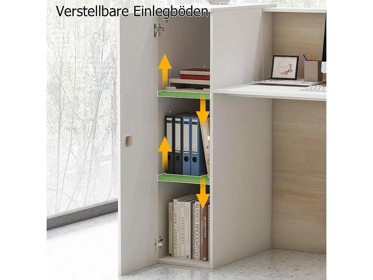 Comptoir de réception avec compartiments ouverts Tiroir verrouillable étagères Salon Bureau  Bois&Blanc 180x60x110cm