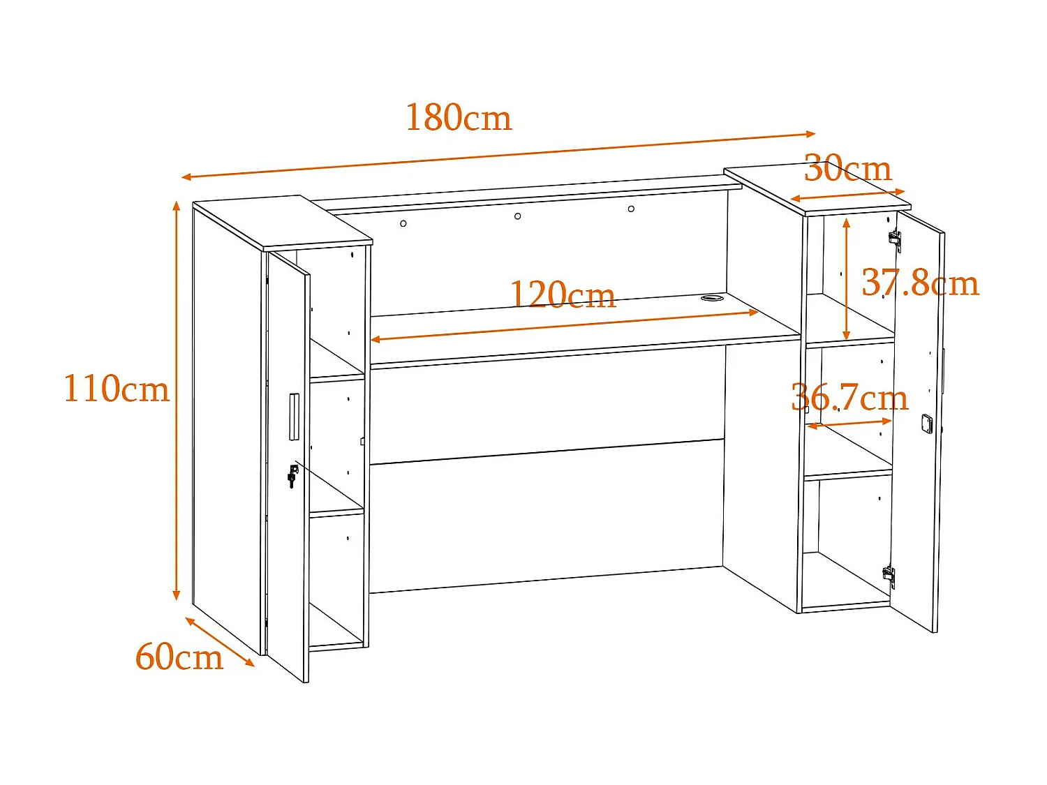 Comptoir de réception avec compartiments ouverts Tiroir verrouillable étagères Salon Bureau  Bois&Blanc 180x60x110cm