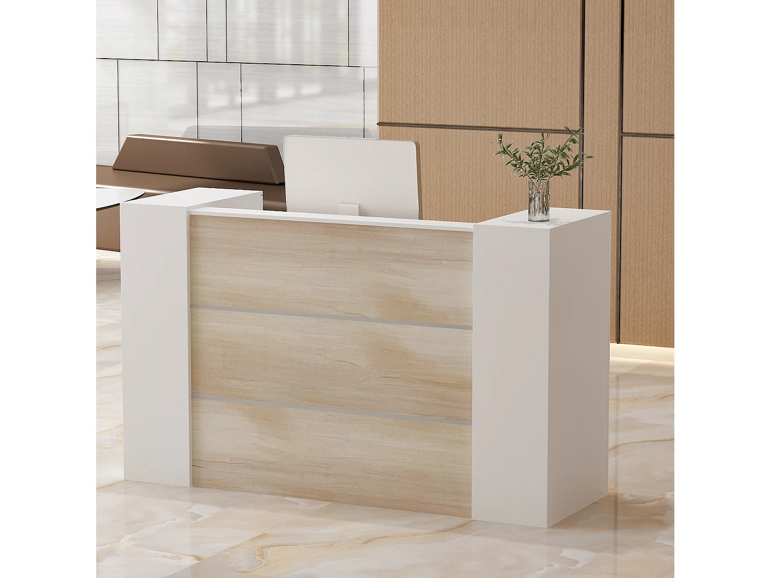 Bureau d’Accueil avec 2 Portes verrouillables, Comptoir de réception avec Compartiments, Salon et Bureau, 180x60x110cm, Naturel