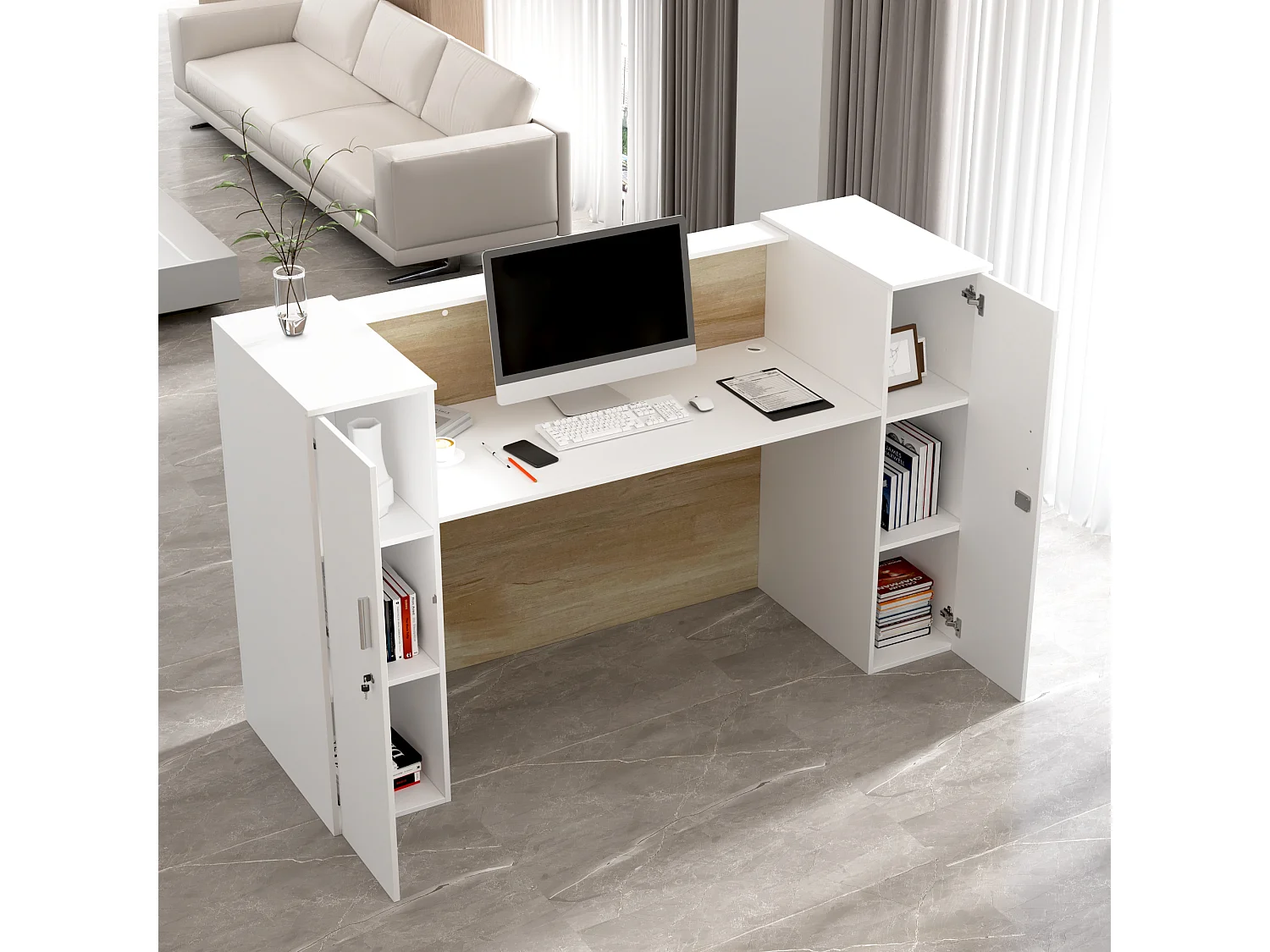 Bureau d’Accueil avec 2 Portes verrouillables, Comptoir de réception avec Compartiments, Salon et Bureau, 180x60x110cm, Naturel