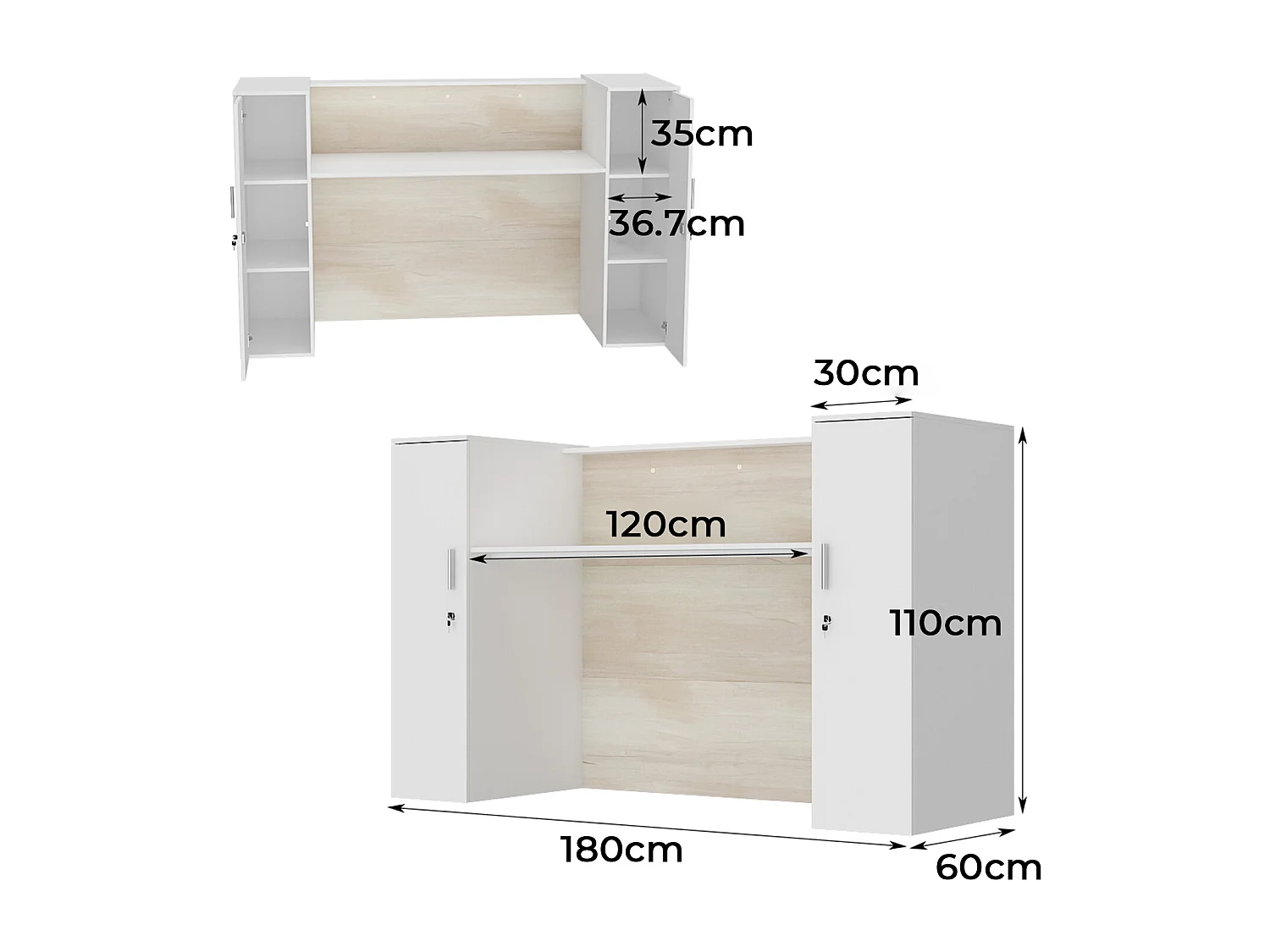 Bureau d’Accueil avec 2 Portes verrouillables, Comptoir de réception avec Compartiments, Salon et Bureau, 180x60x110cm, Naturel