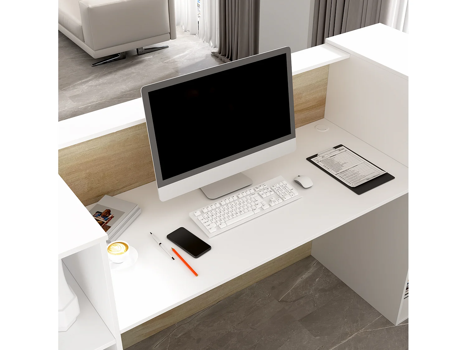 Bureau d’Accueil avec 2 Portes verrouillables, Comptoir de réception avec Compartiments, Salon et Bureau, 180x60x110cm, Naturel