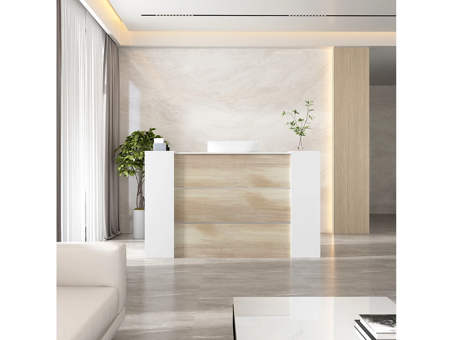 Bureau d’Accueil avec 2 Portes verrouillables, Comptoir de réception avec Compartiments, Salon et Bureau, 180x60x110cm, Naturel