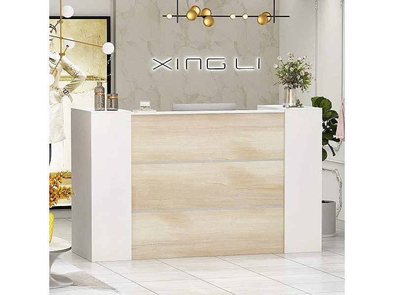 Comptoir de réception avec compartiments ouverts Tiroir verrouillable étagères Salon Bureau  Bois&Blanc 180x60x110cm