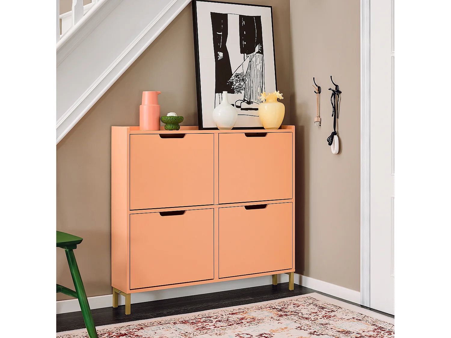 SoBuy FSR100-RS Meuble Chaussure, Rangement Chaussure, Meuble d'Entrée, Commode à 4 Abattants, Coffre Rangement, Pieds en Fer