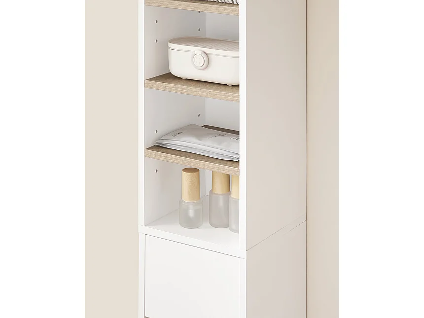 SoBuy BZR34-WN Badkamermeubel, opbergkast, smalle opbergkast, 1 lade, 2 deuren en 5 open vakken, verstelbare planken, houtkleur