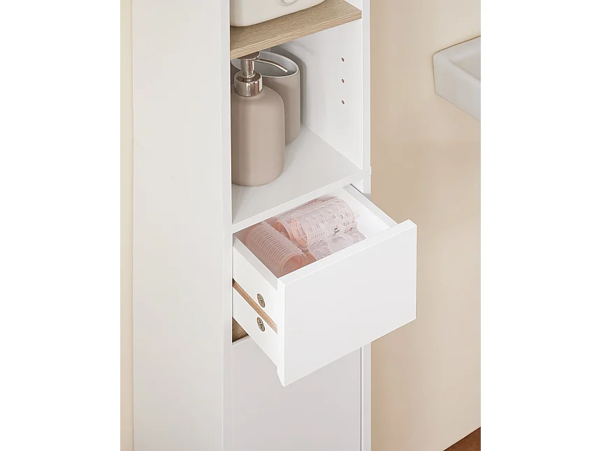 SoBuy BZR34-WN Badkamermeubel, opbergkast, smalle opbergkast, 1 lade, 2 deuren en 5 open vakken, verstelbare planken, houtkleur