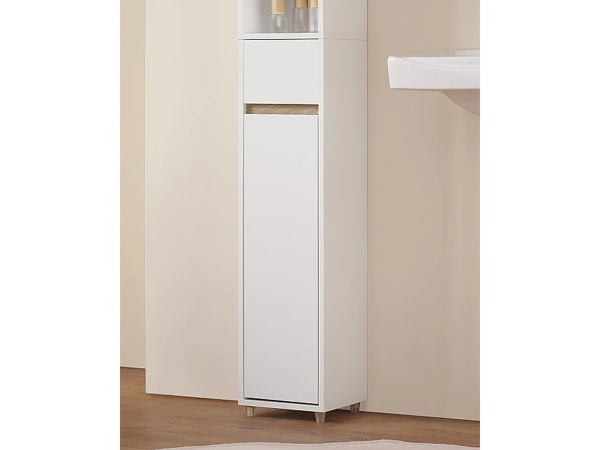 SoBuy BZR34-WN Badkamermeubel, opbergkast, smalle opbergkast, 1 lade, 2 deuren en 5 open vakken, verstelbare planken, houtkleur