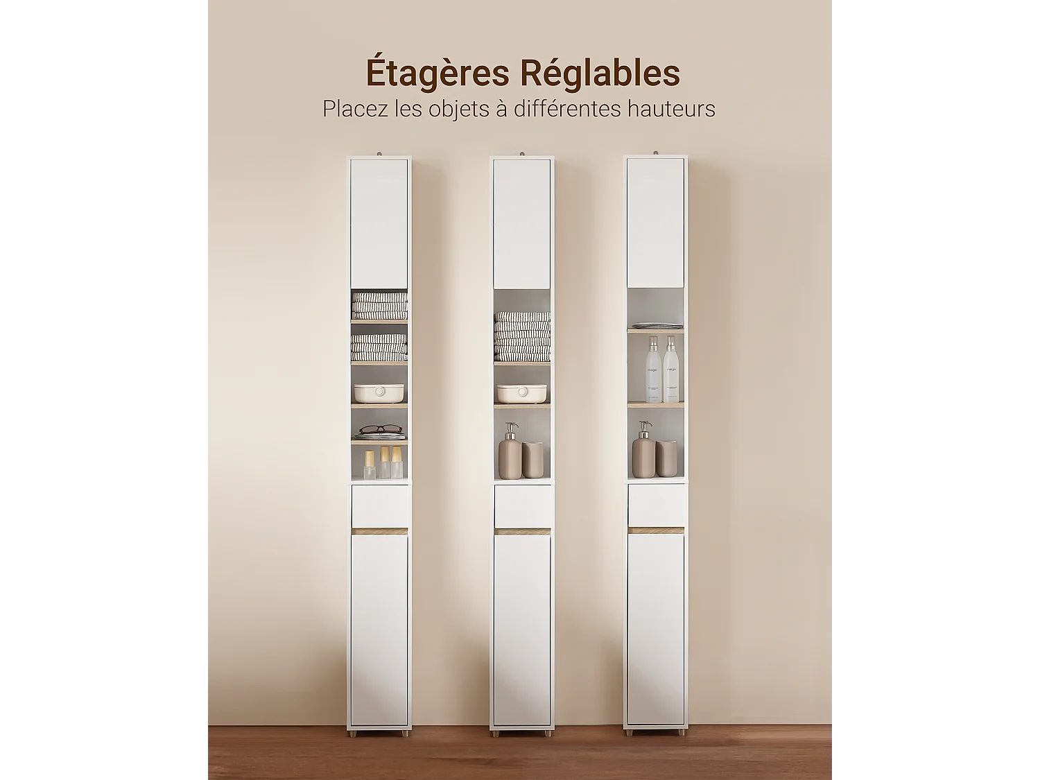 SoBuy BZR34-WN Badkamermeubel, opbergkast, smalle opbergkast, 1 lade, 2 deuren en 5 open vakken, verstelbare planken, houtkleur