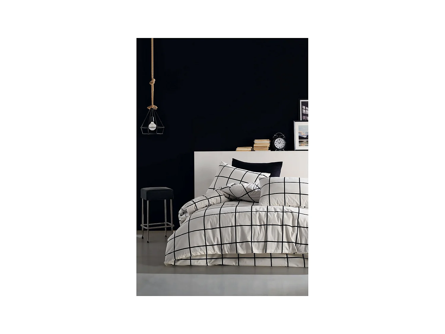 Housse de couette + taie(s) oreiller "Carreaux noir" 100% coton imprimé.