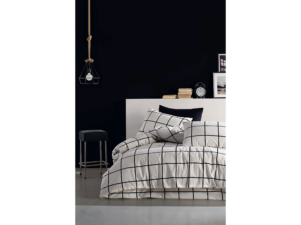 Housse de couette + taie(s) oreiller "Carreaux noir" 100% coton imprimé.