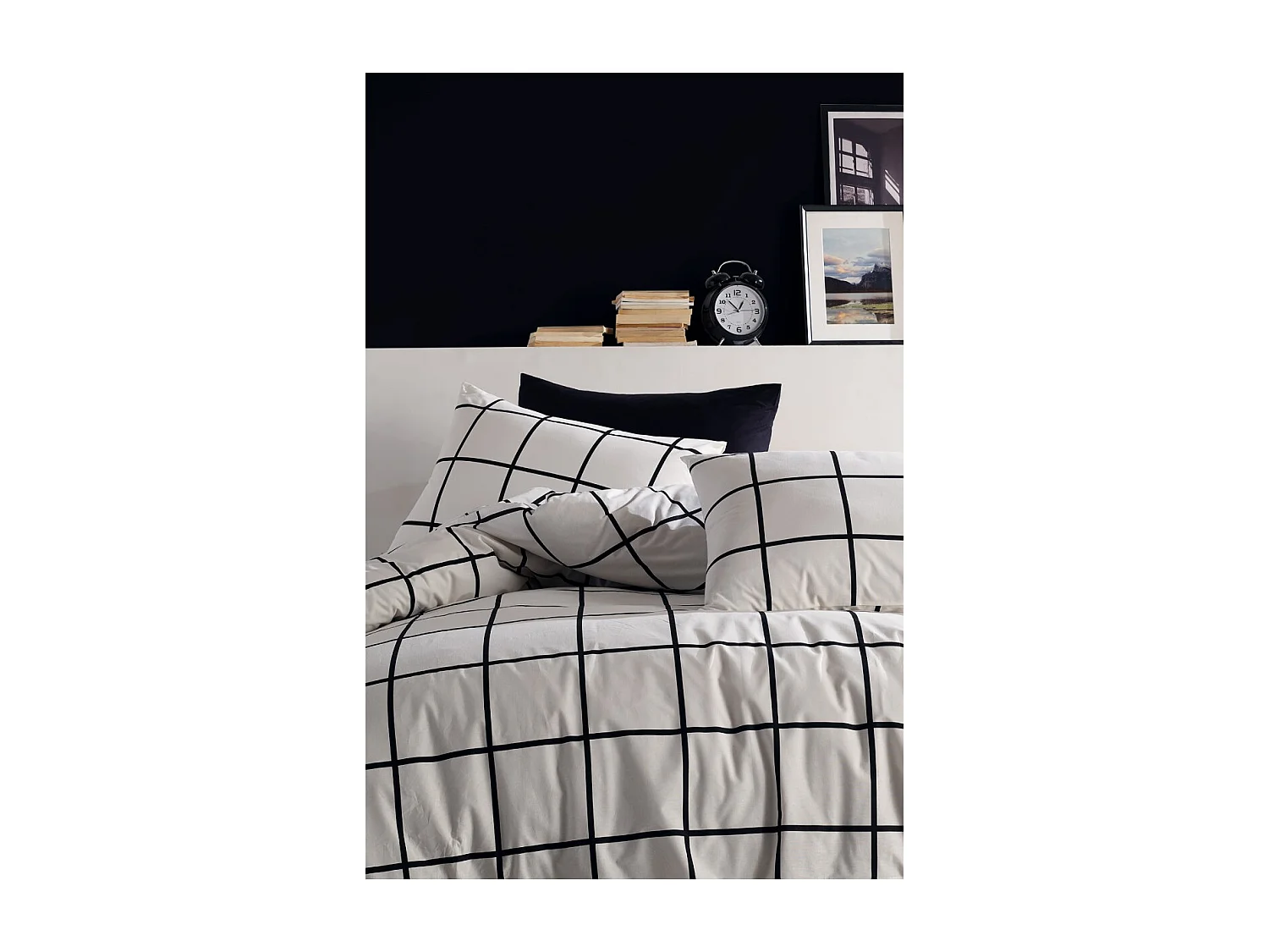 Housse de couette + taie(s) oreiller "Carreaux noir" 100% coton imprimé.