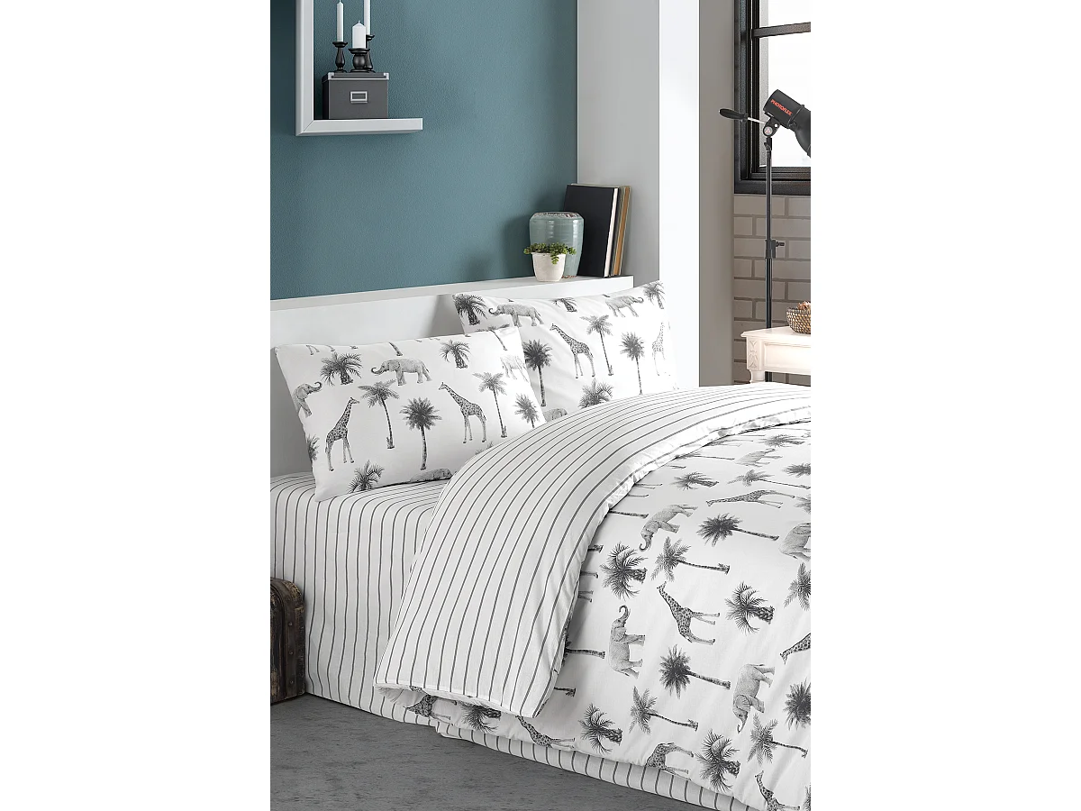 Housse de couette + taie(s) oreiller "Jungle" 100% coton imprimé.