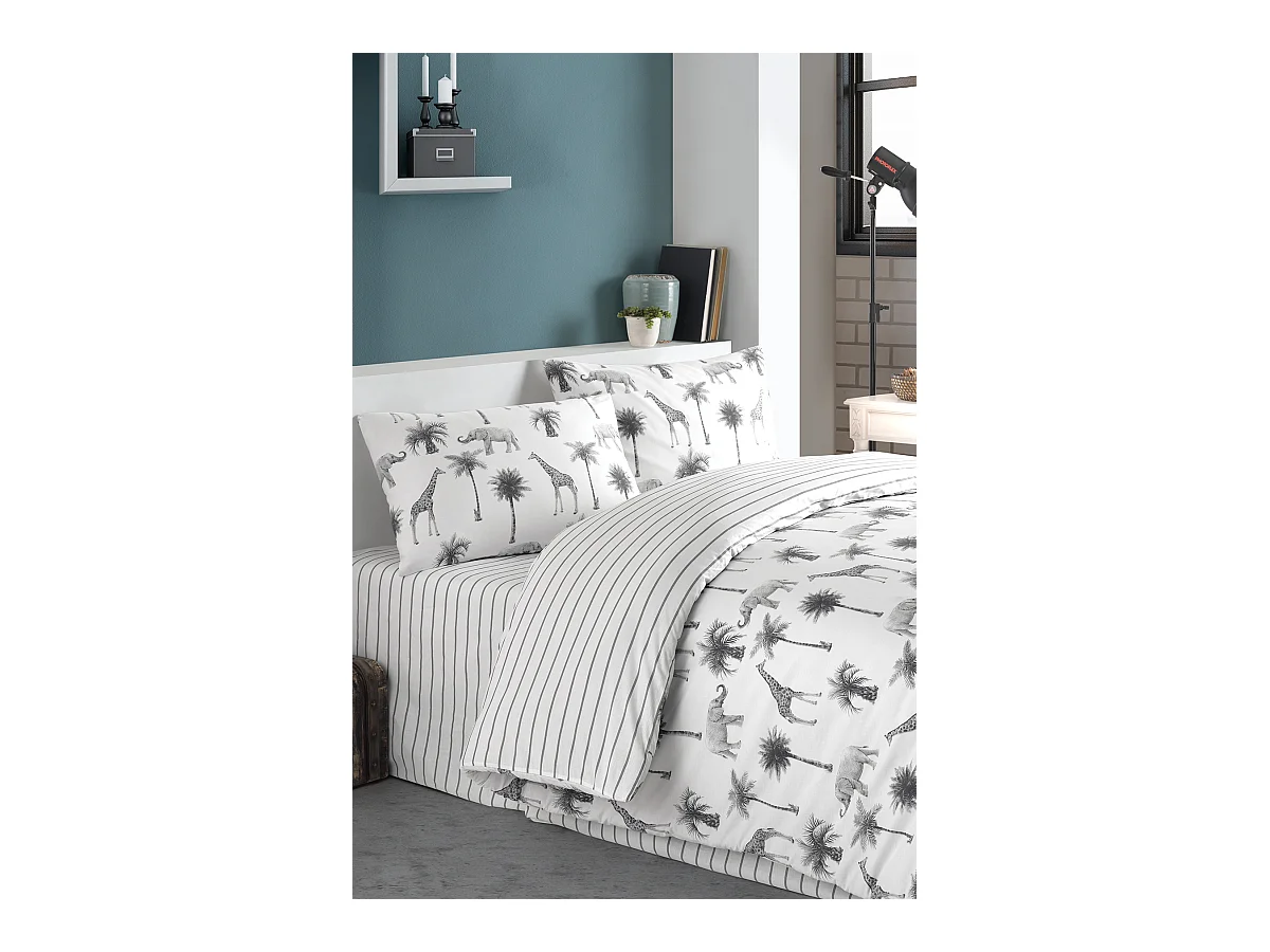 Housse de couette + taie(s) oreiller "Jungle" 100% coton imprimé.