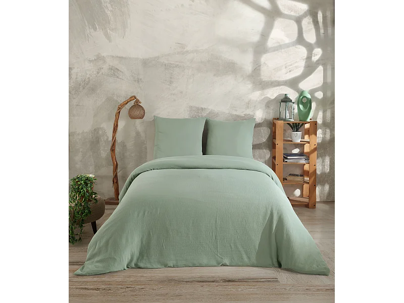 Juego de funda de edredón + 2 fundas de almohada de gasa de algodón-Verde celadón