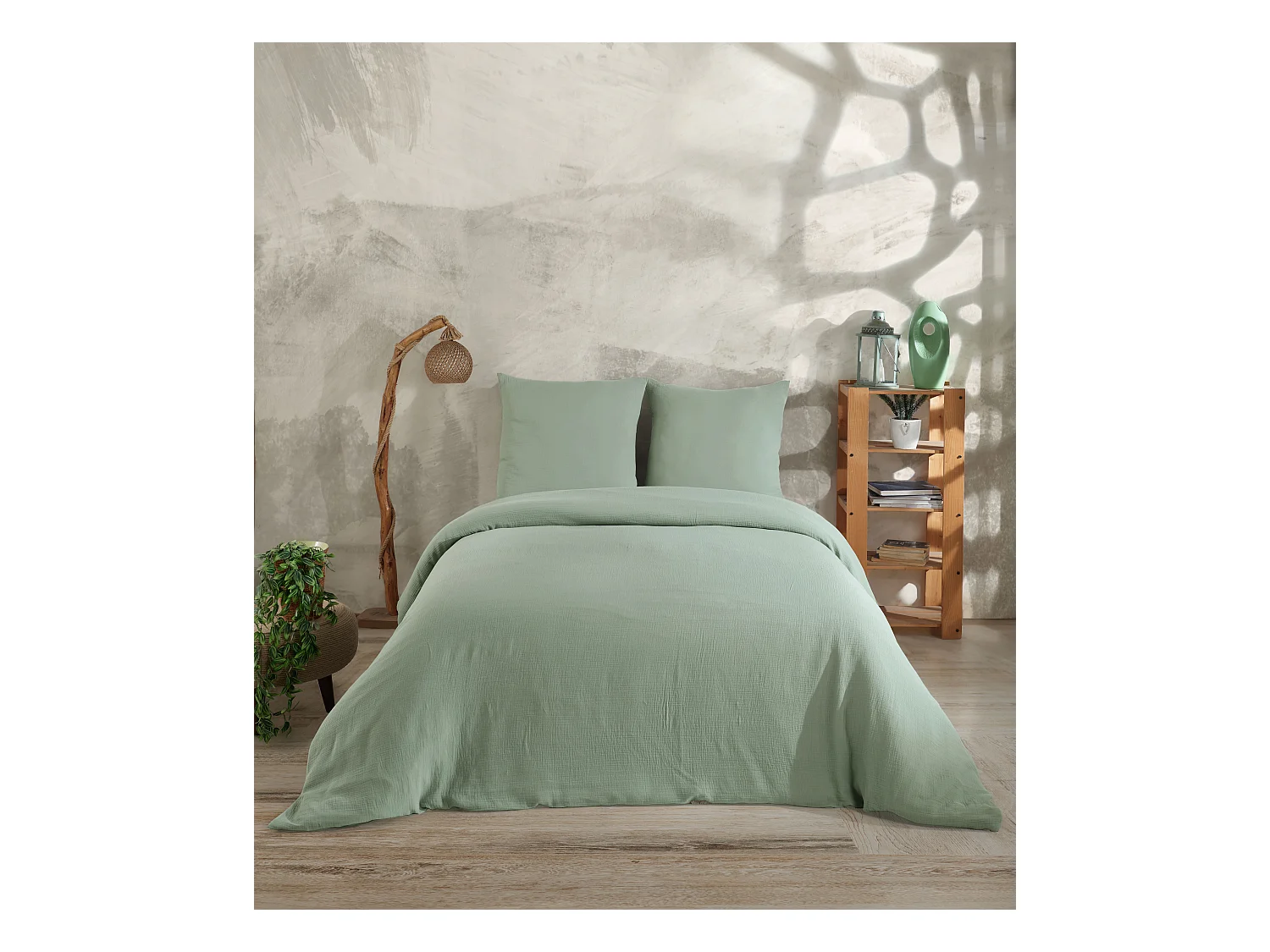 Parure housse de couette et taies d'oreiller gaze de coton céladon