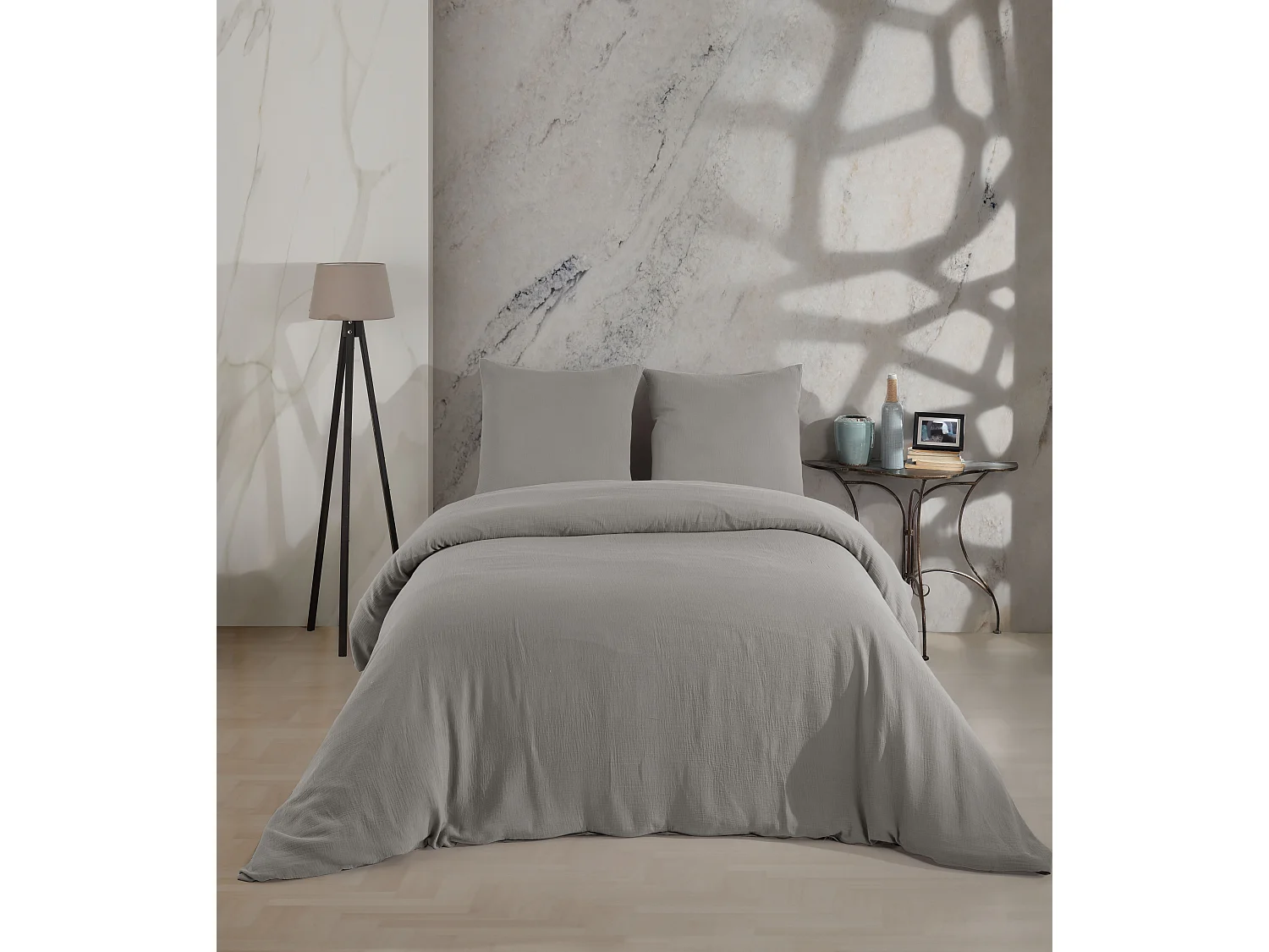 Parure housse de couette et taies d'oreiller gaze de coton gris