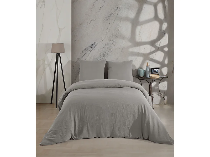 Parure housse de couette et taies d'oreiller gaze de coton gris
