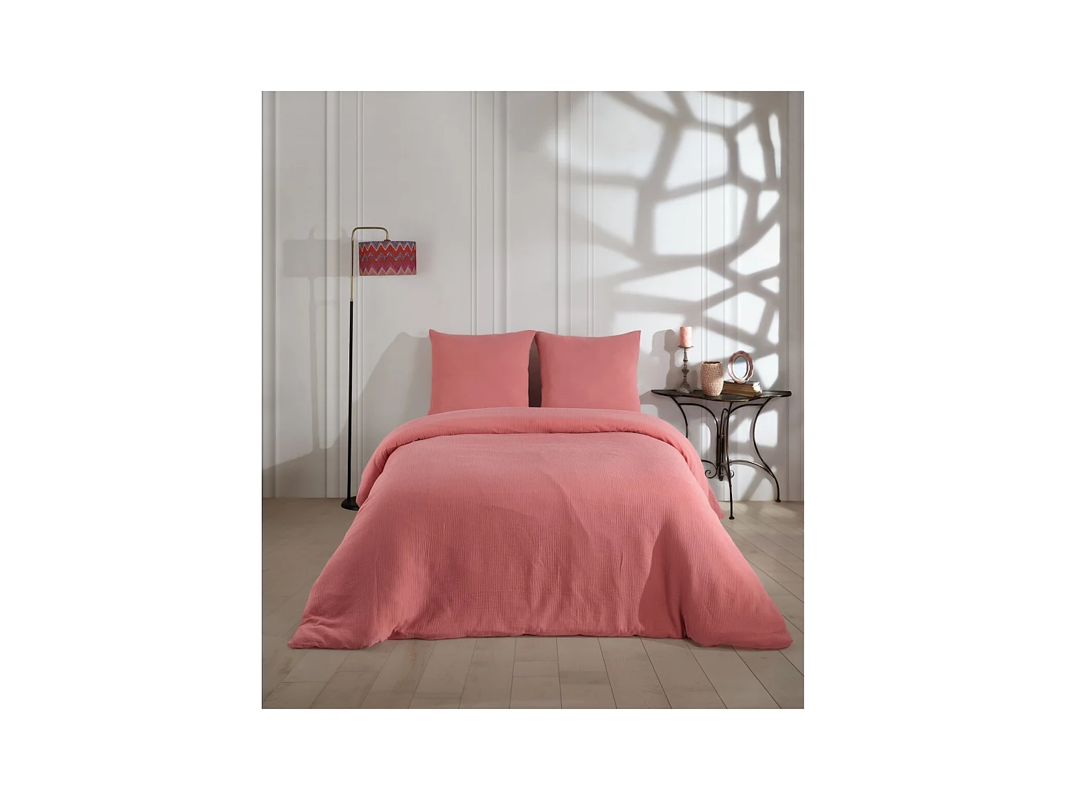 Parure housse de couette et taies d'oreiller gaze de coton pêche