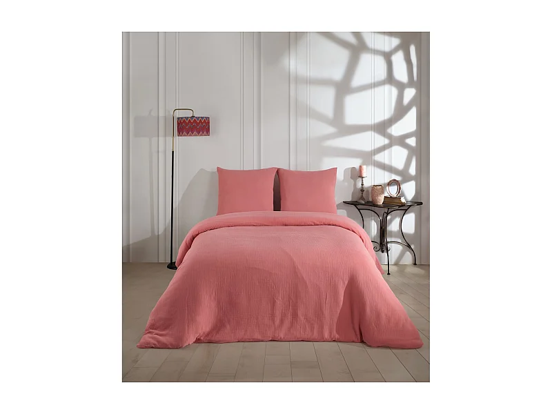 Juego de funda de edredón + 2 fundas de almohada de gasa de algodón-Durazno
