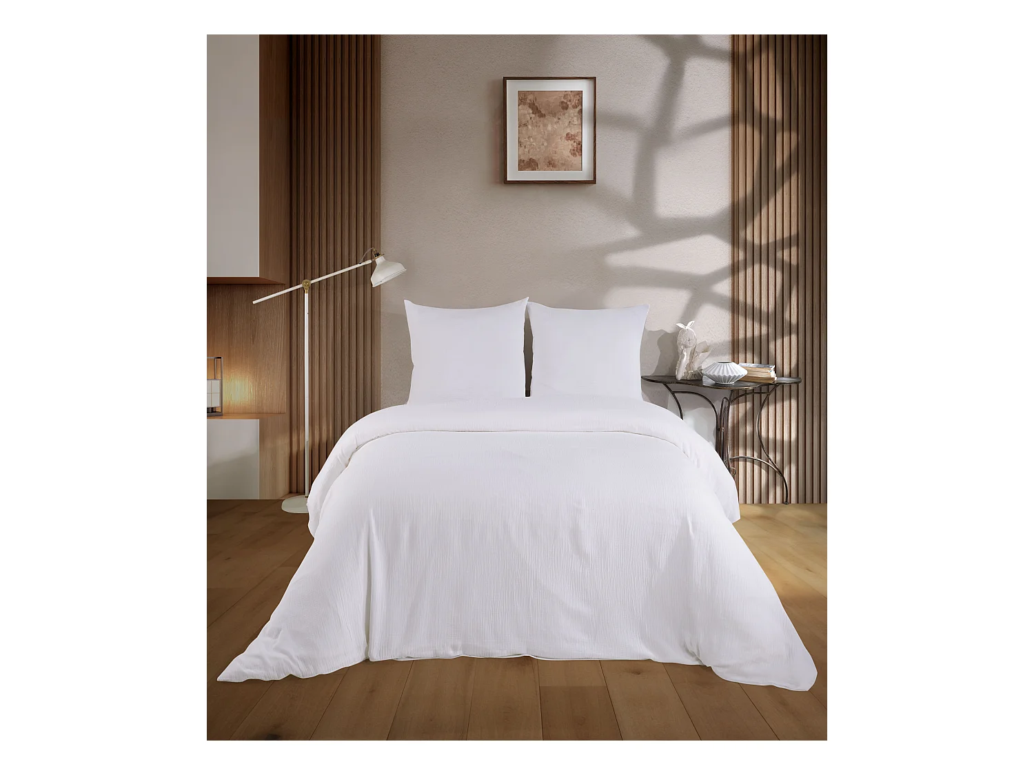 Parure housse de couette et taies d'oreiller gaze de coton blanc