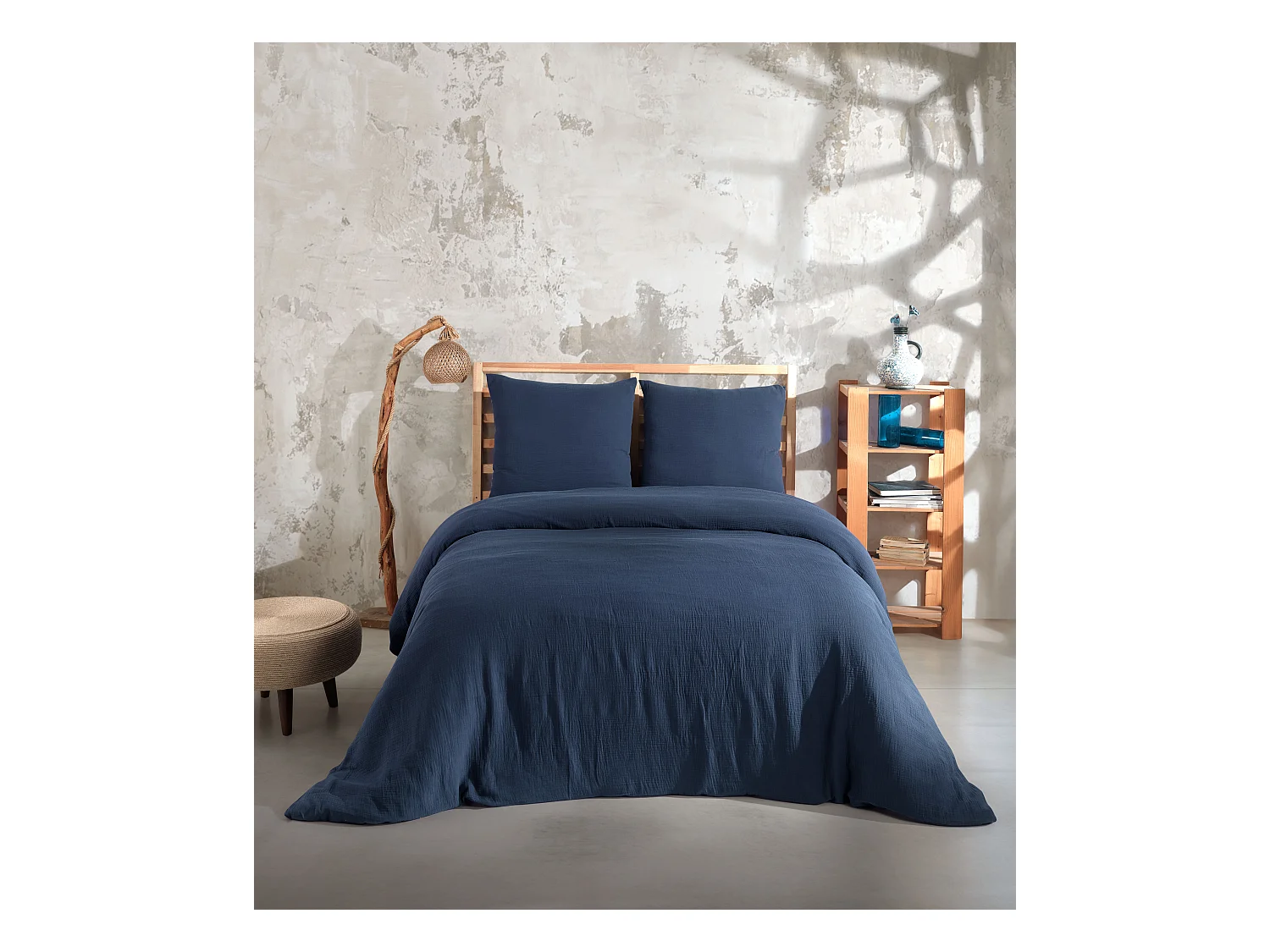 Parure housse de couette et taies d'oreiller gaze de coton marine