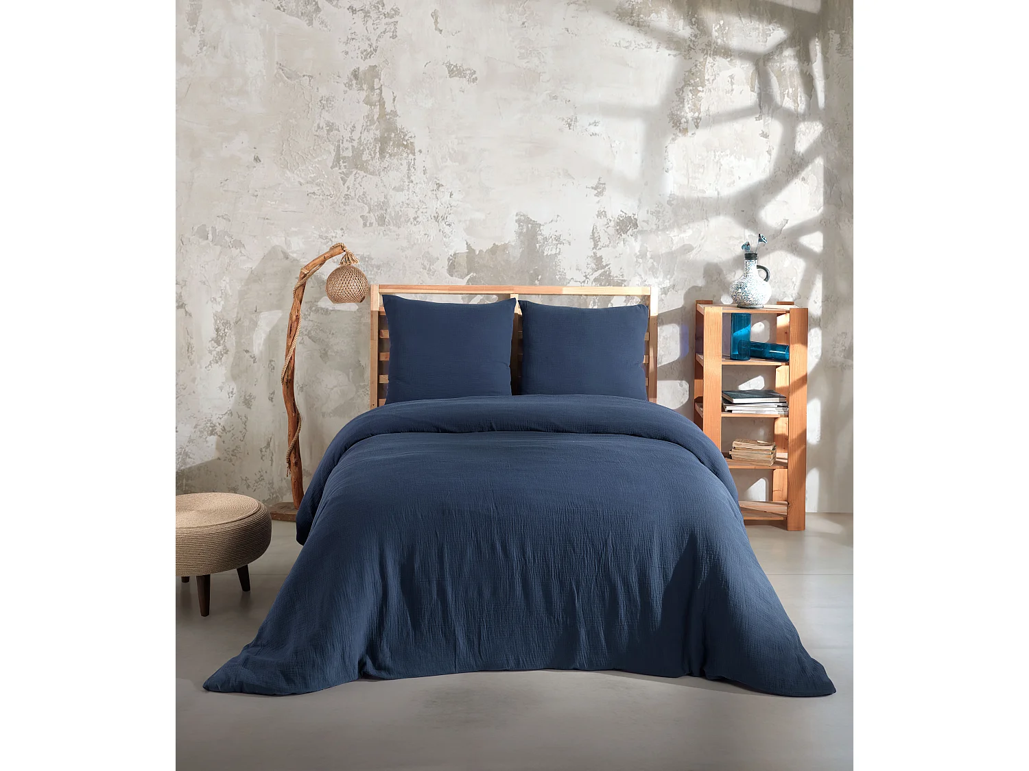 Parure housse de couette et taies d'oreiller gaze de coton marine