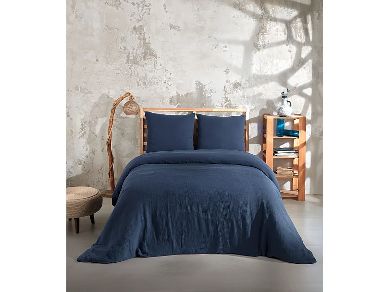 Parure housse de couette et taies d'oreiller gaze de coton marine