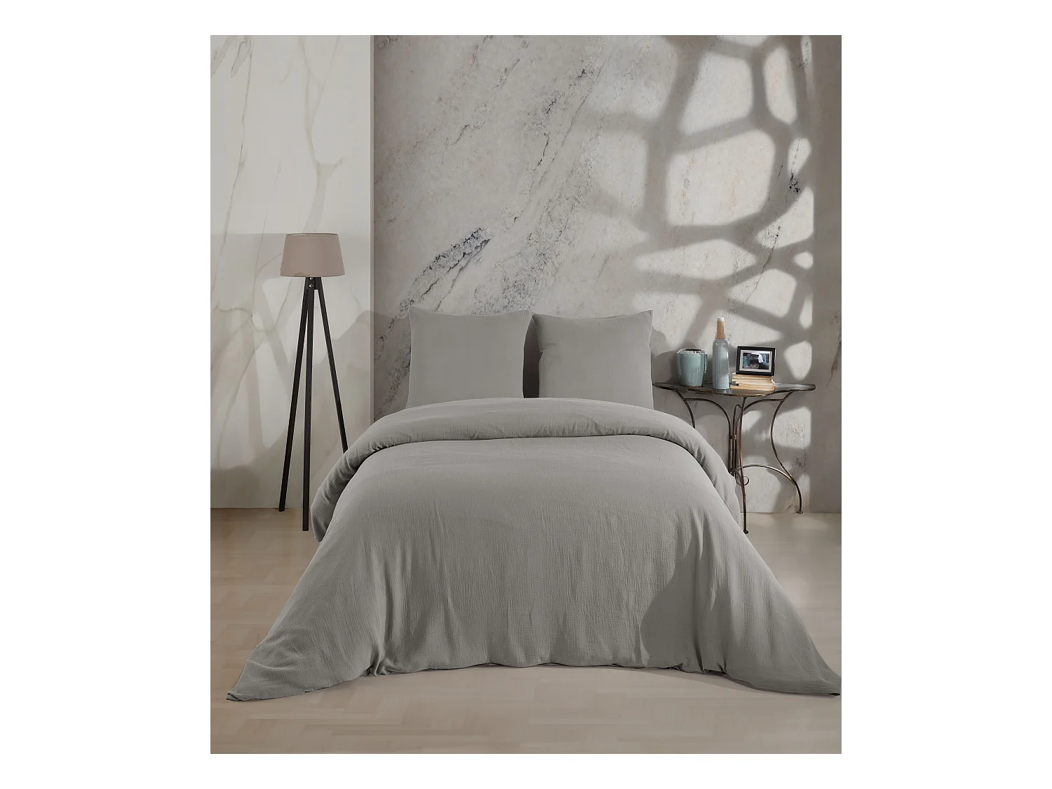 Parure housse de couette et taies d'oreiller gaze de coton gris