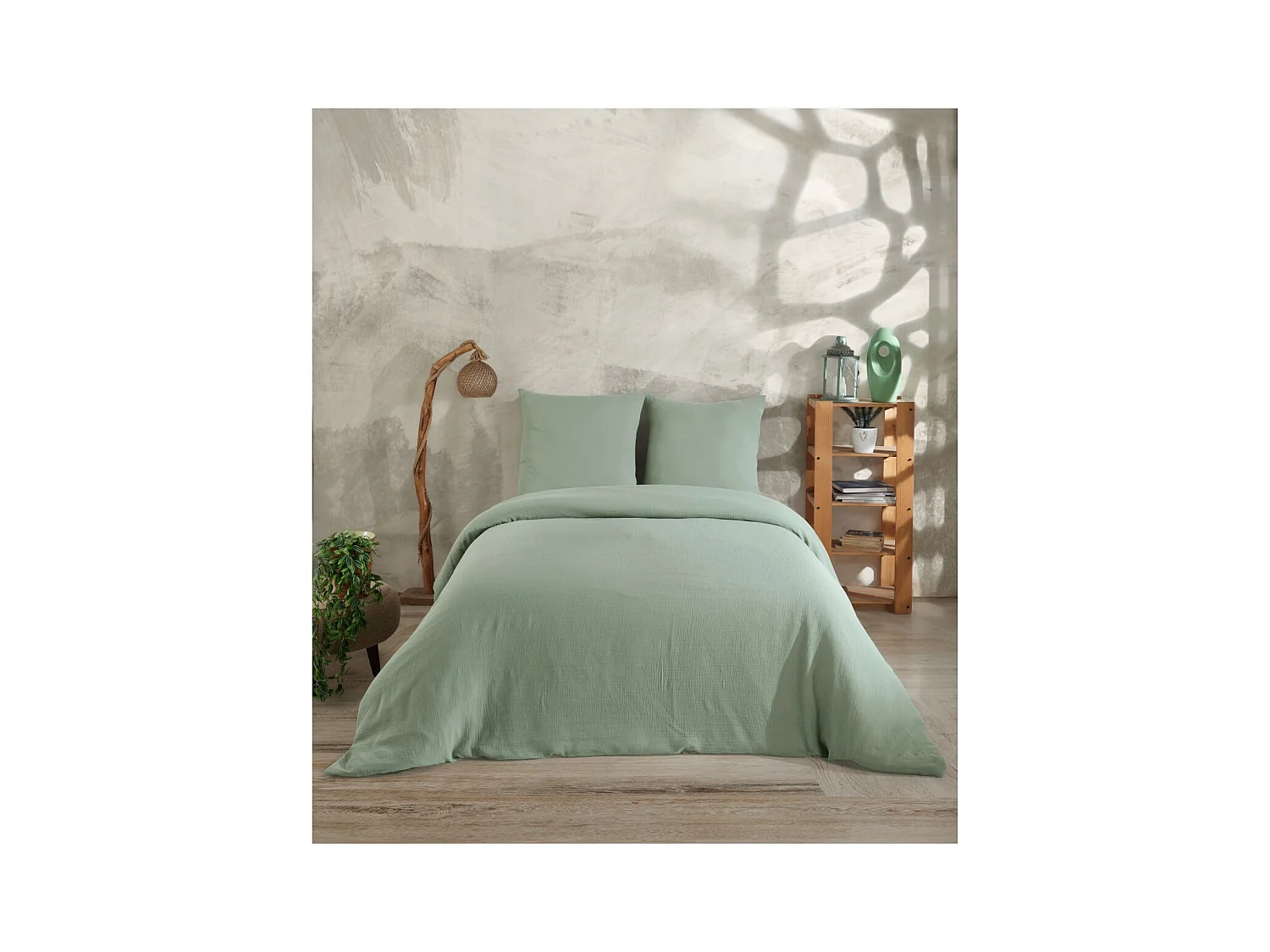 Parure housse de couette et taies d'oreiller gaze de coton céladon