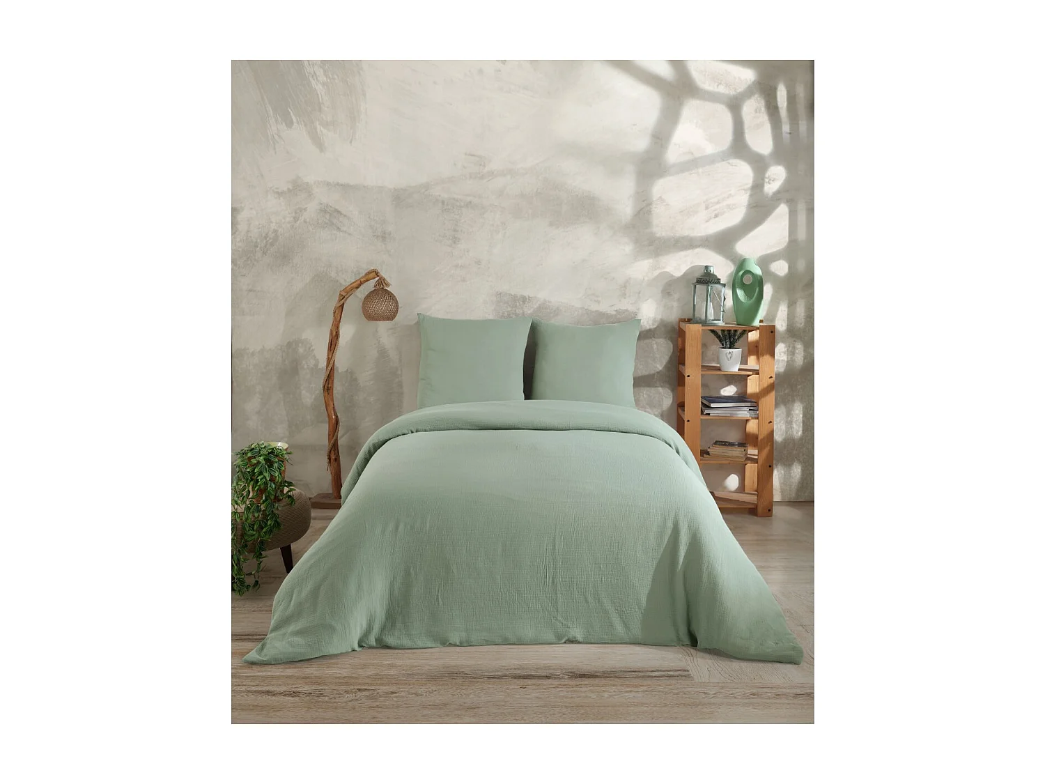 Parure housse de couette et taies d'oreiller gaze de coton céladon