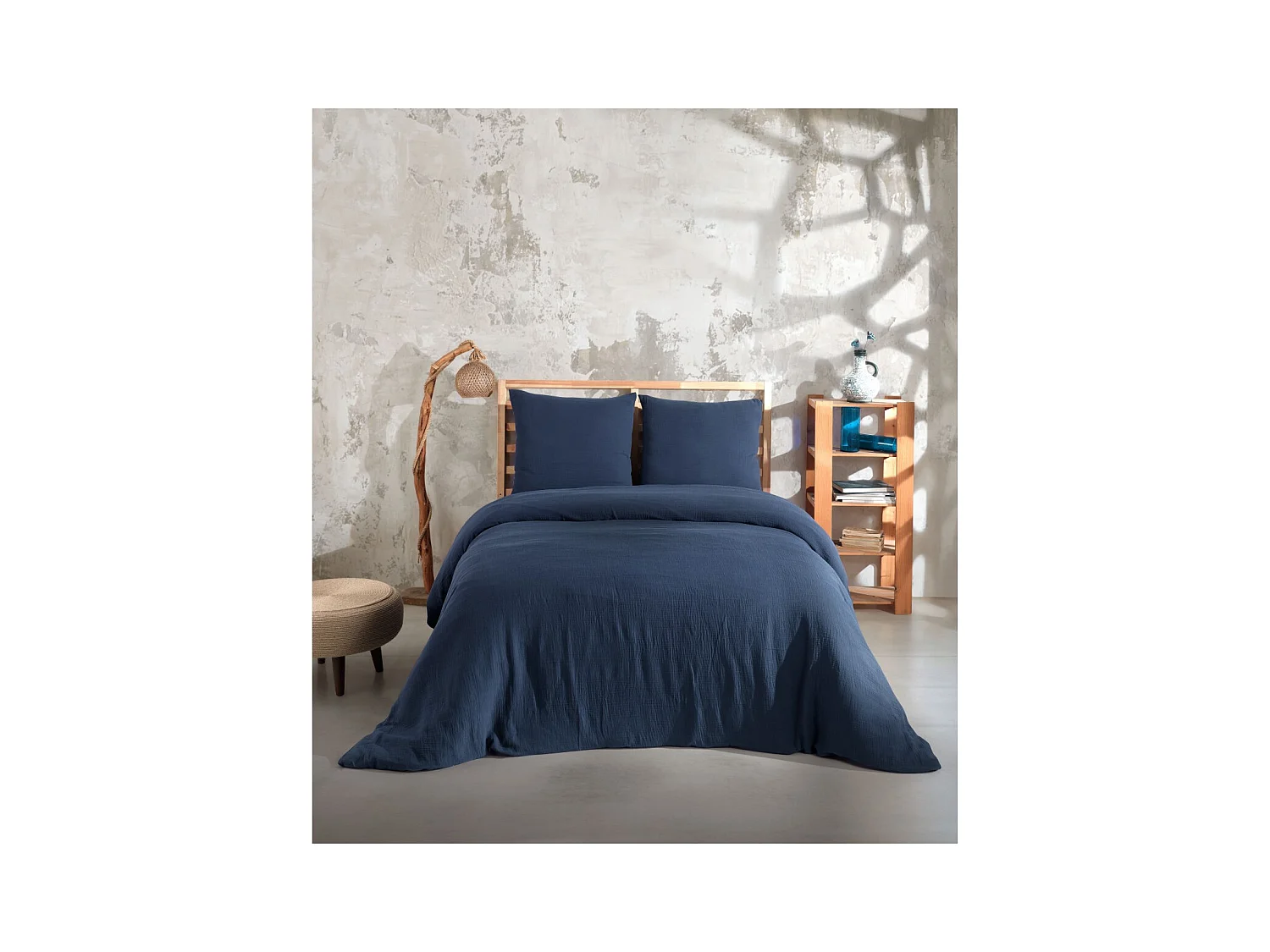 Parure housse de couette et taies d'oreiller gaze de coton marine