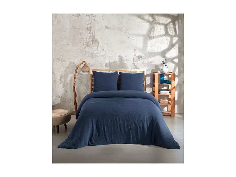 Parure housse de couette et taies d'oreiller gaze de coton marine