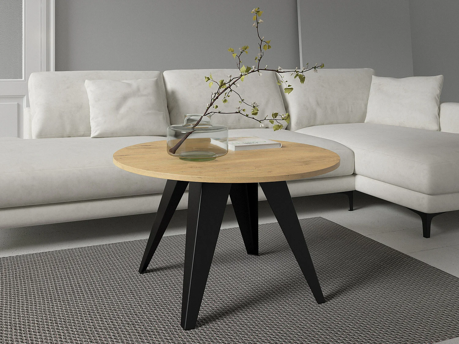 Table basse Oswego 116, Noir|Chêne lancelot, 50cm, Diamètre: 75, Stratifié, Rond