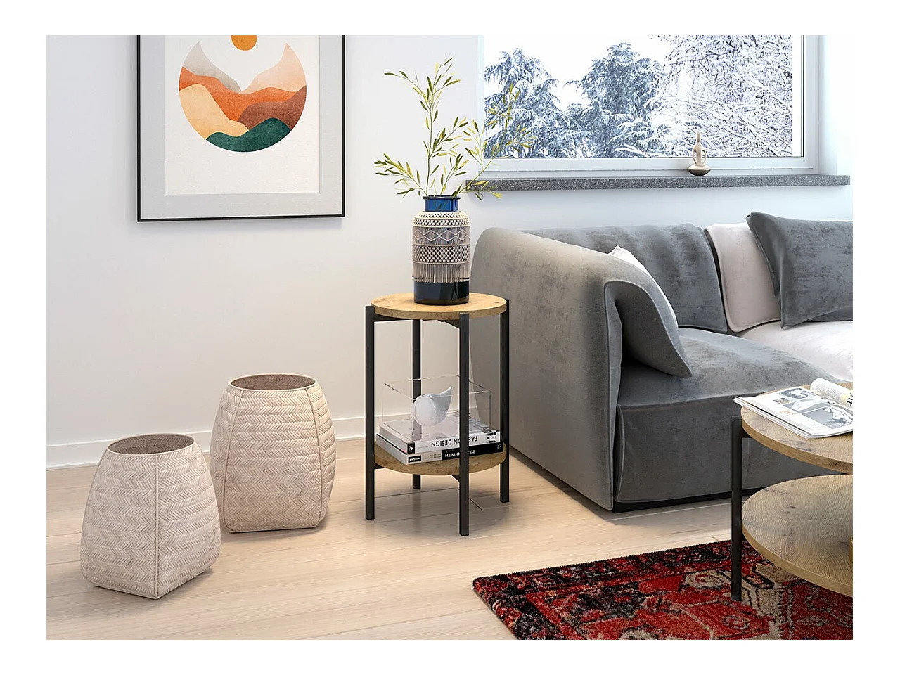 Table d&#39,appoint Comfivo 221, Noir|Chêne Artisan, 60cm, Diamètre: 45, Stratifié, Rond