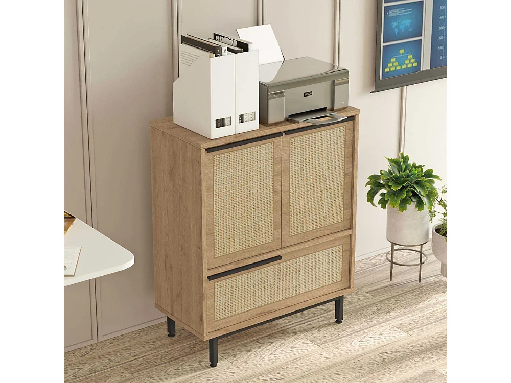 Commode Evelis L75xH90cm Bois et Rotin clair