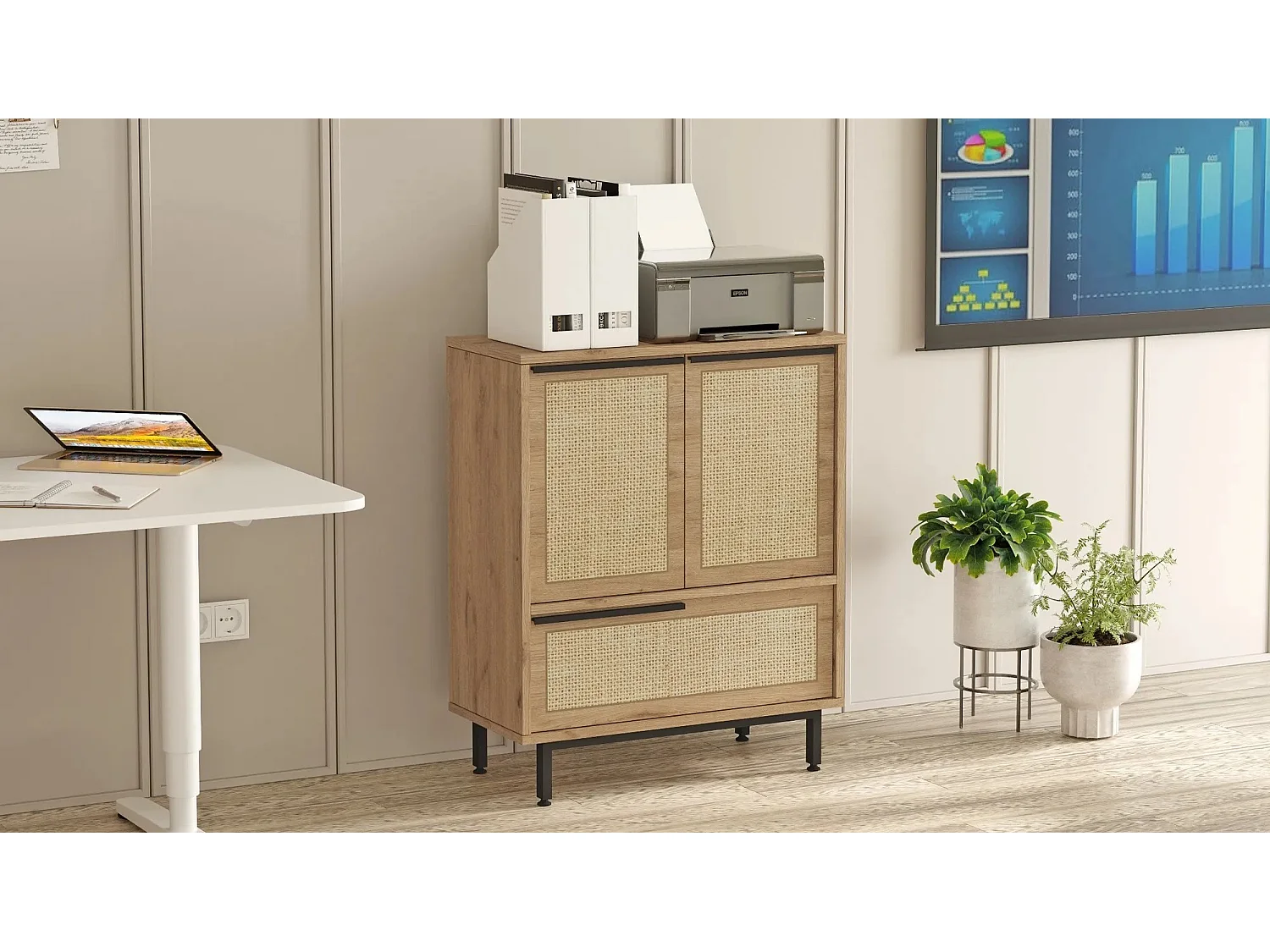 Commode Evelis L75xH90cm Bois et Rotin clair