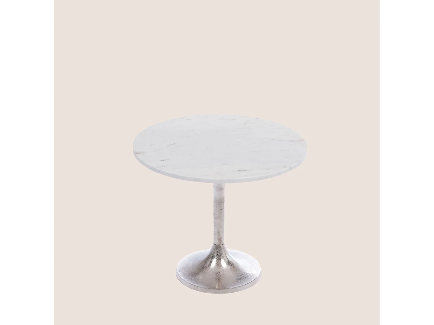 Bout de canapé tulipe en métal argenté et marbre blanc D55 - PLAKA
