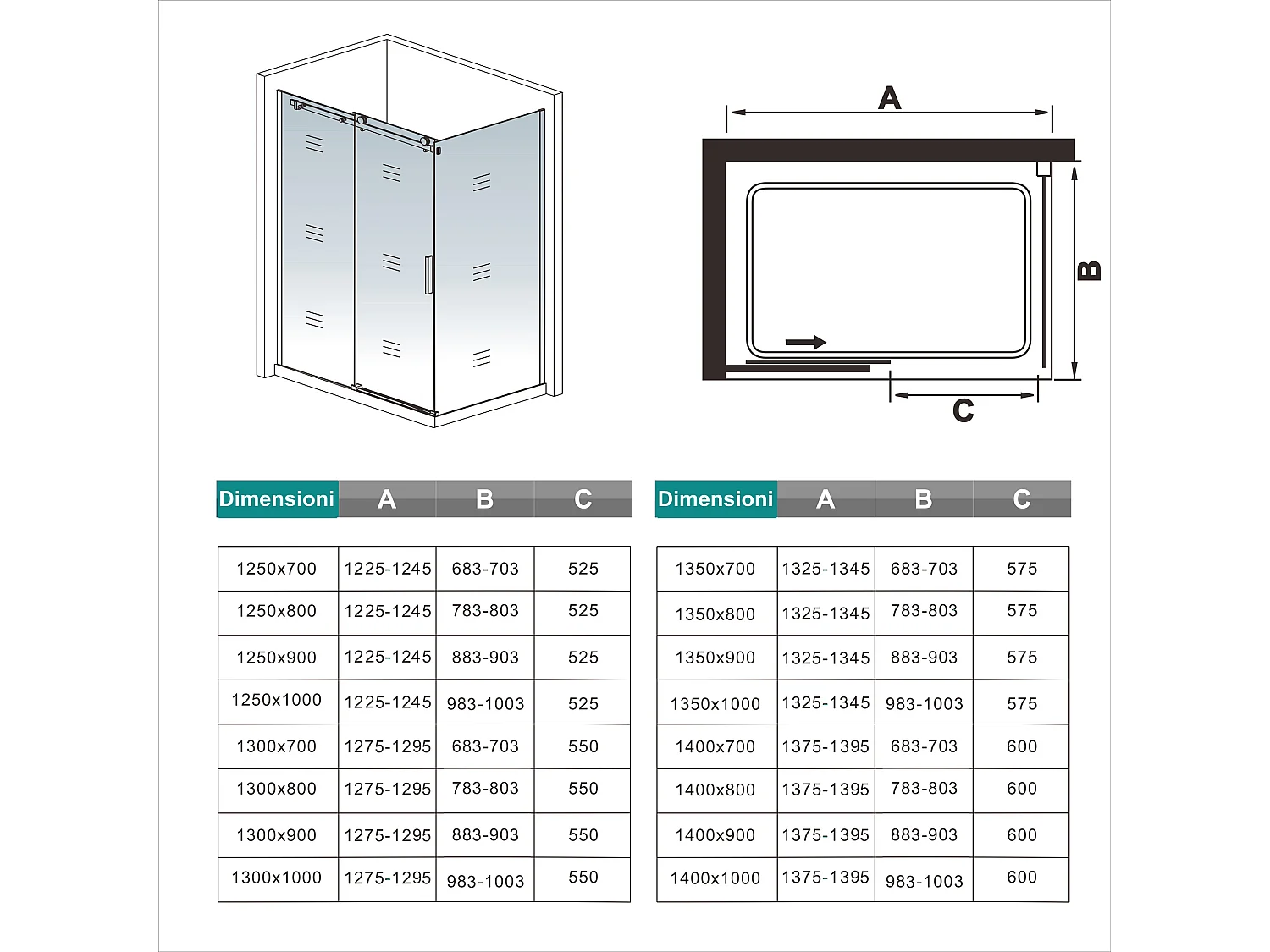 Aica Italy 110x80cm H.195 cm Box Doccia Angolare Porta Scorrevole Con Parete Laterale Vetro 8 Mm Temperato Anticalcare Trasparente Cromato Lucido