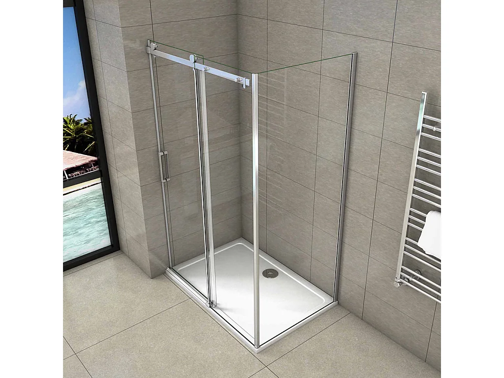 195 cm Box Doccia Angolare Porta Scorrevole con Parete Laterale 115x70 cm Vetro 8 mm Temperato Trasparente Anticalcare Telaio Cromato Lucido