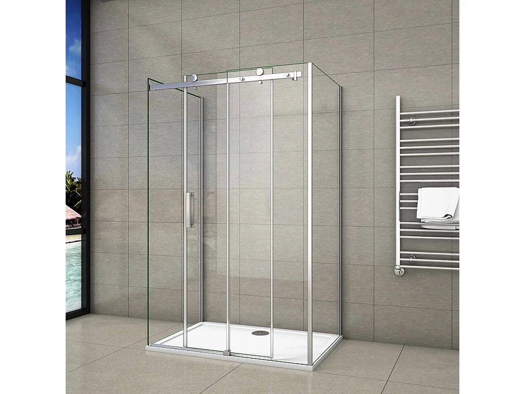 195cm Box Doccia a Tre Lati Porta Scorrevole con Doppia Parete Laterale 145x80x80cm Vetro 8mm Temperato Trasparente Anticalcare Telaio Cromato Lucido